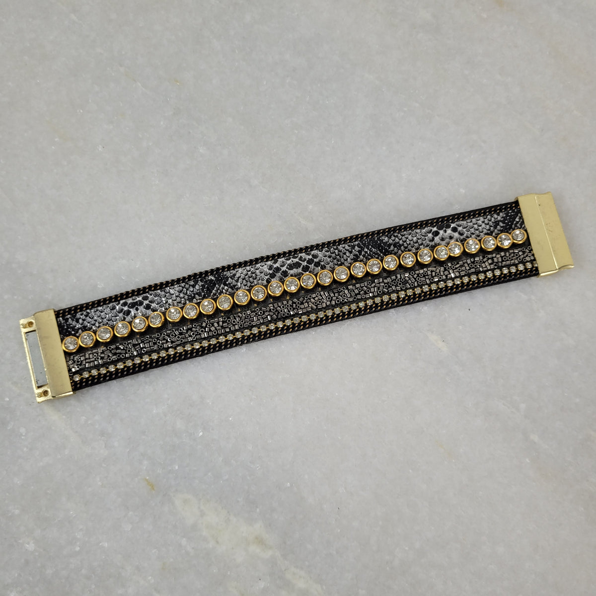 Black Snake Print Crystal Magnetic Cuff Bracelet
