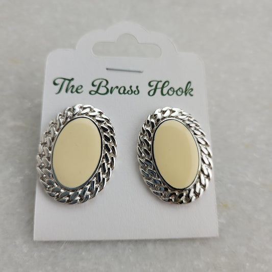 Silver Tone & Cream Oval Statement Stud Earrings