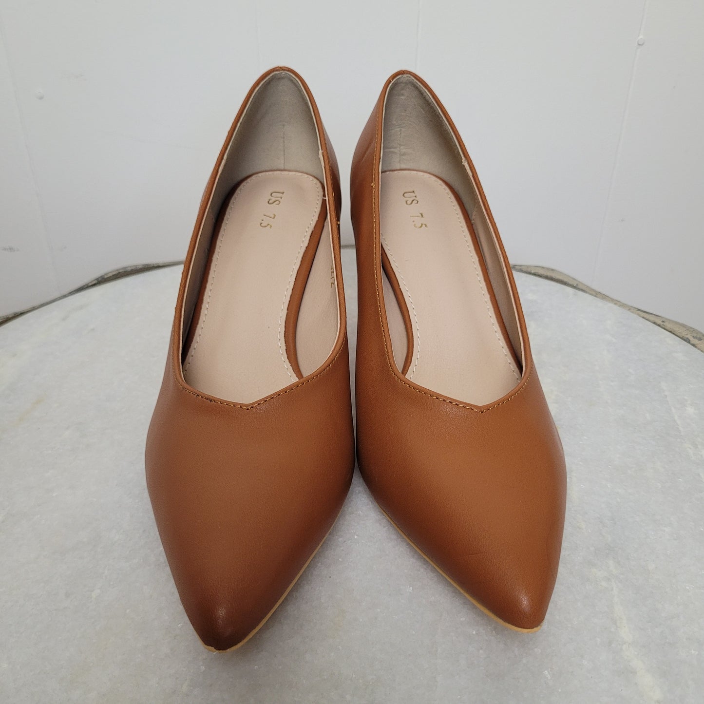 Cognac Pointed-Toe Kitten Heels (Size 7.5)
