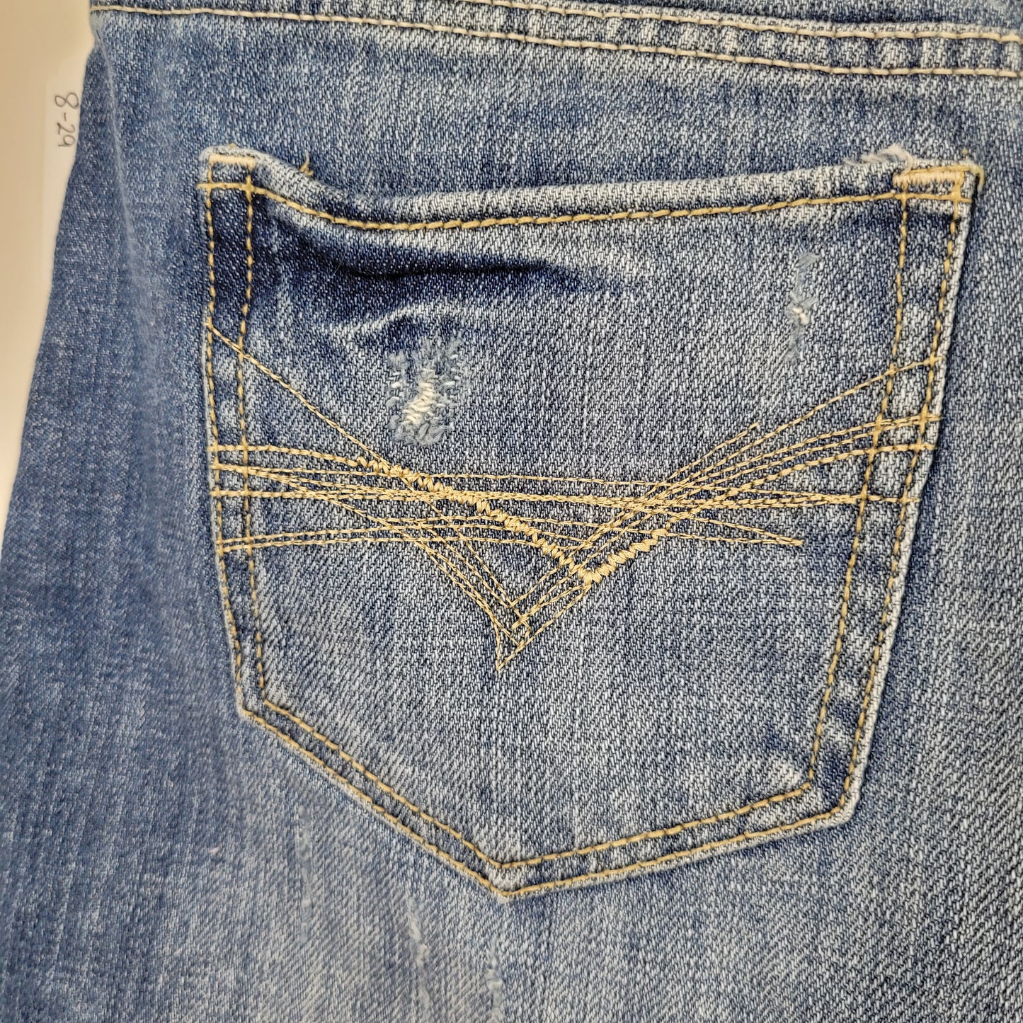Light Wash Distressed Denim Mini Skirt - Campus Crew (Size 8)