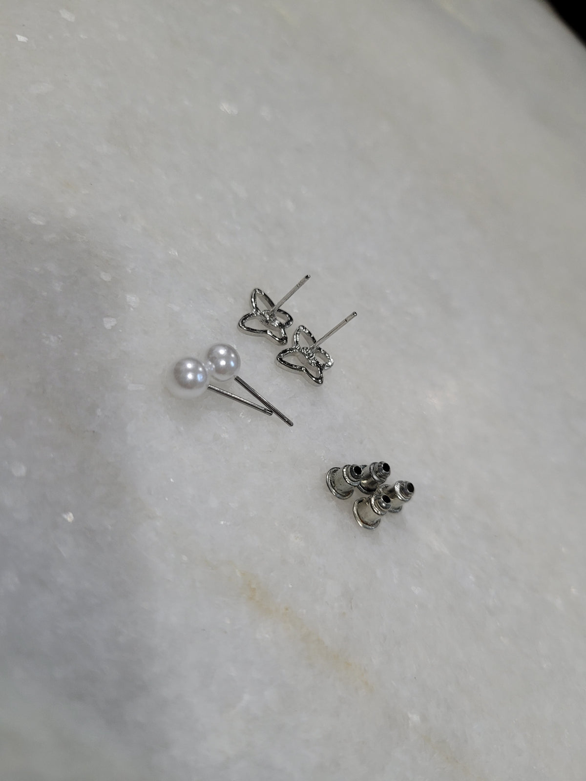 2-Pair Silver Tone Butterfly & Faux Pearl Stud Earrings