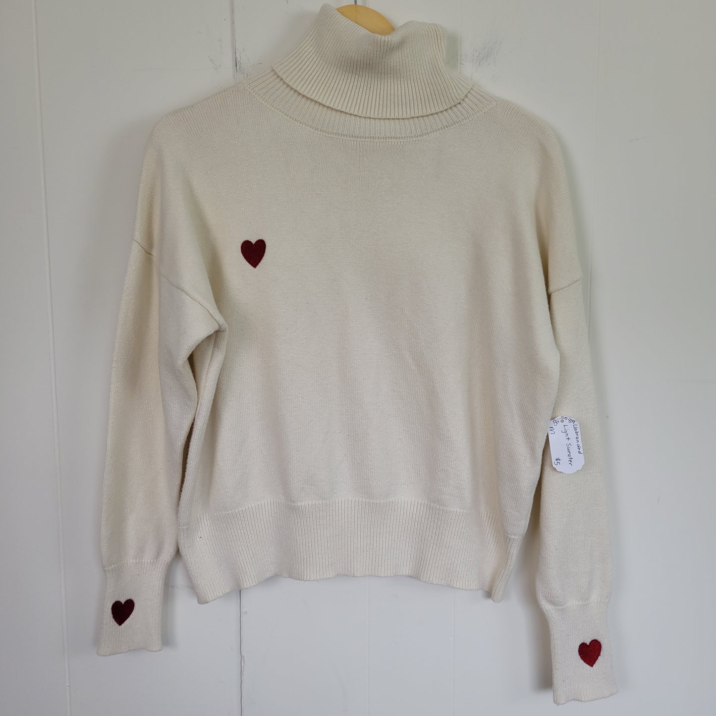 Cream Heart Embroidered Turtleneck Sweater - Estimated size: M/L