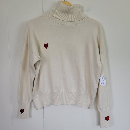 Cream Heart Embroidered Turtleneck Sweater - Estimated size: M/L
