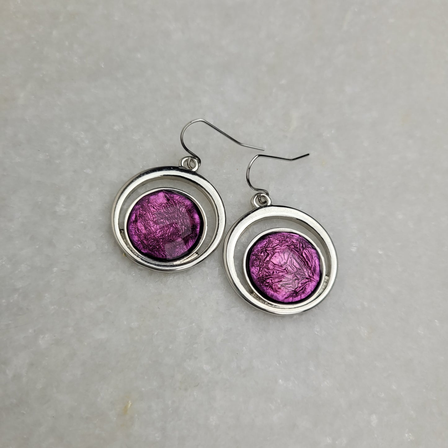 Purple Glass Circle Drop Earrings