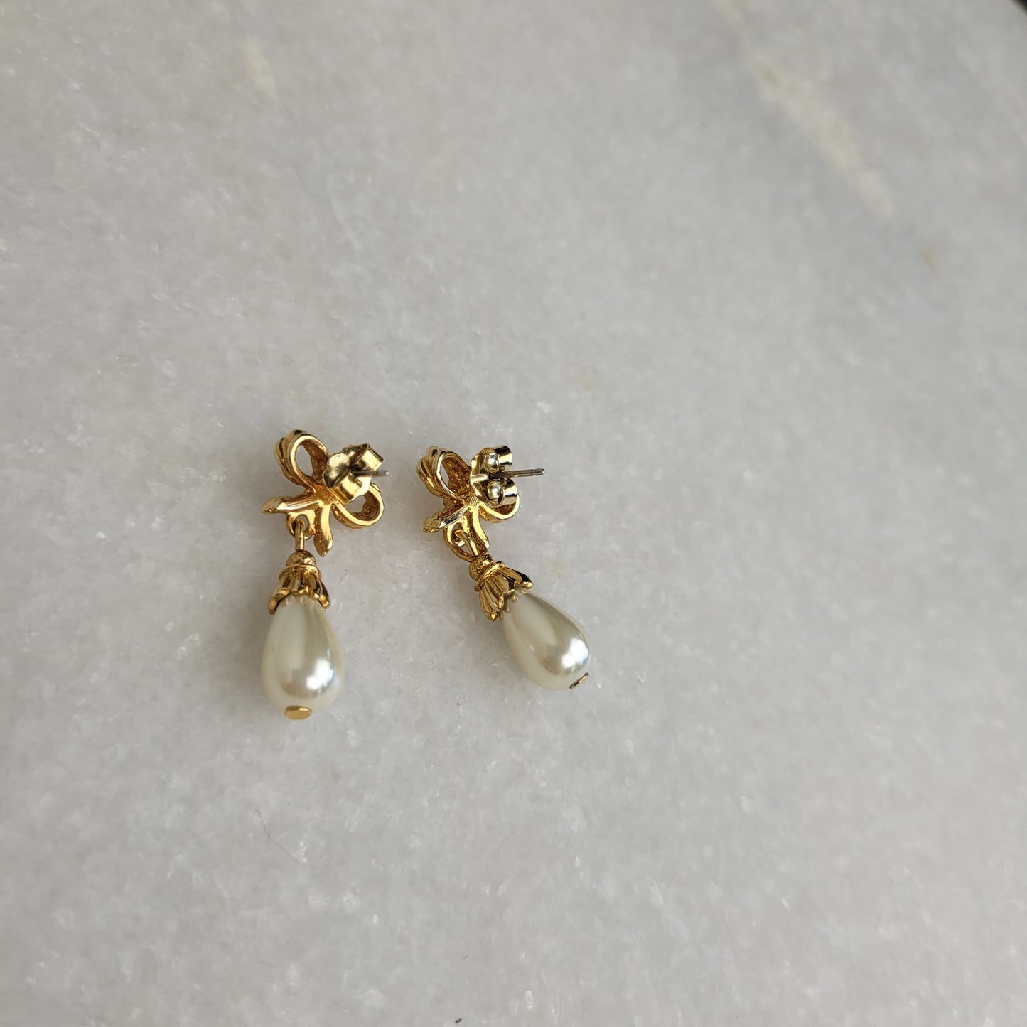 Gold Tone Bow Faux Pearl Drop Earrings