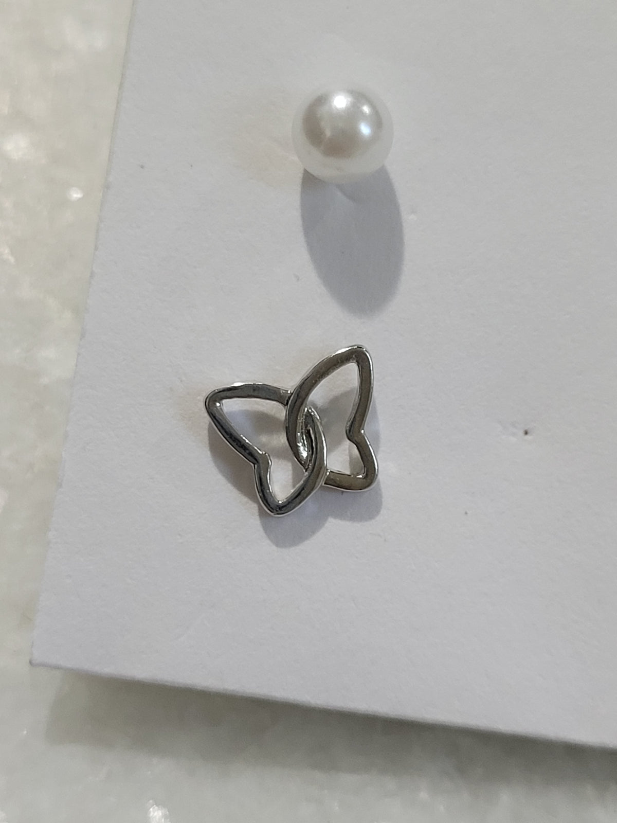 2-Pair Silver Tone Butterfly & Faux Pearl Stud Earrings