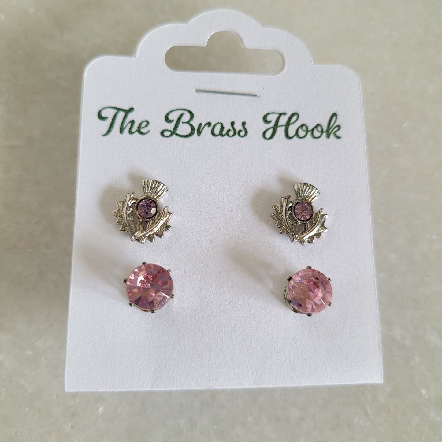 2 Pair Pink Crystal & Scottish Thistle Stud Earring Set