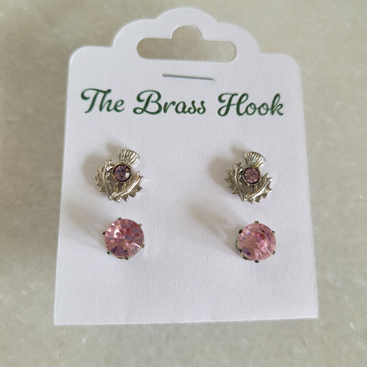 2 Pair Pink Crystal & Scottish Thistle Stud Earring Set