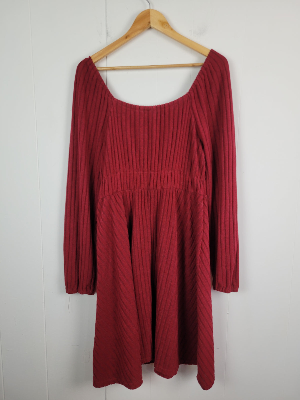 SHEIN 2X Red Ribbed Knit Fit & Flare Long Sleeve Dress
