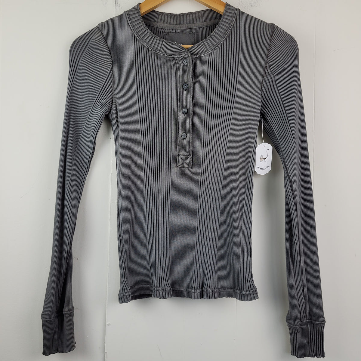 Washed Charcoal Ribbed Henley Long Sleeve Top - Aerie (Size S)