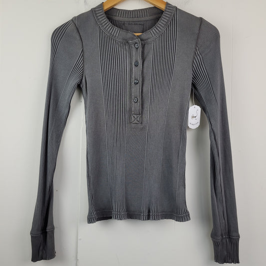 Washed Charcoal Ribbed Henley Long Sleeve Top - Aerie (Size S)
