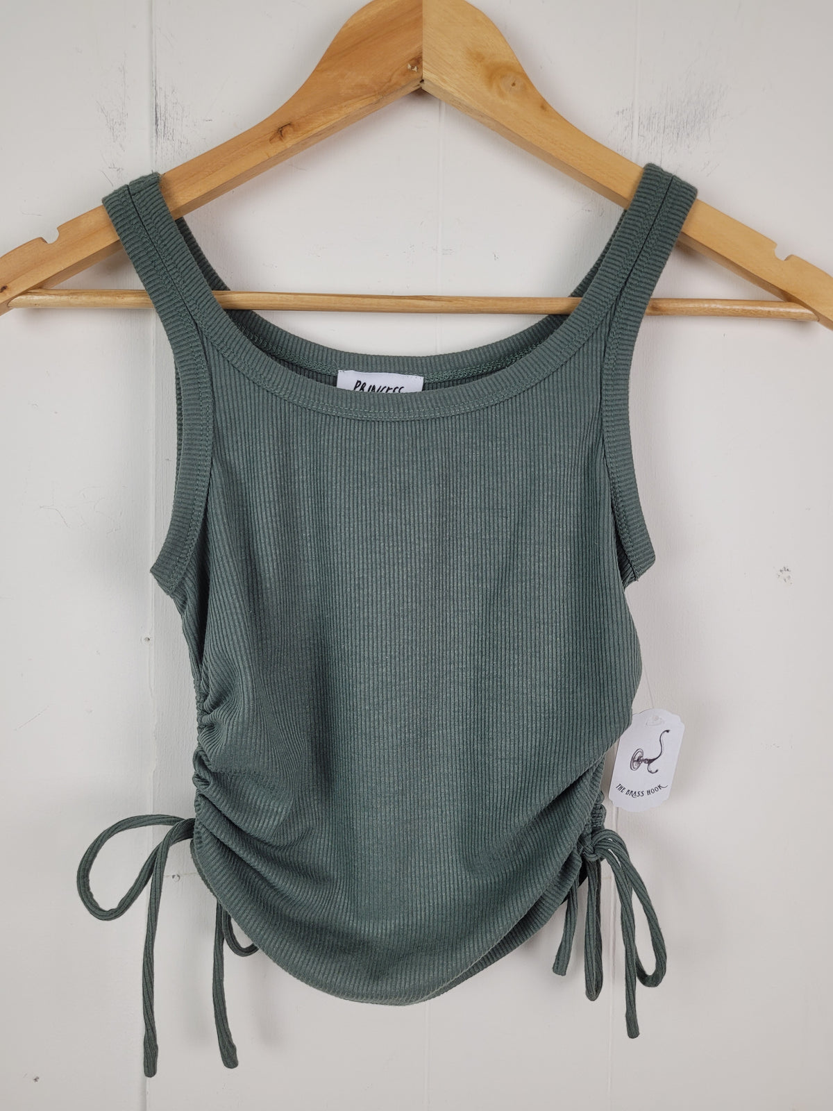 Princess Polly XS Sage Green Ruched Side Ribbed Tank Top