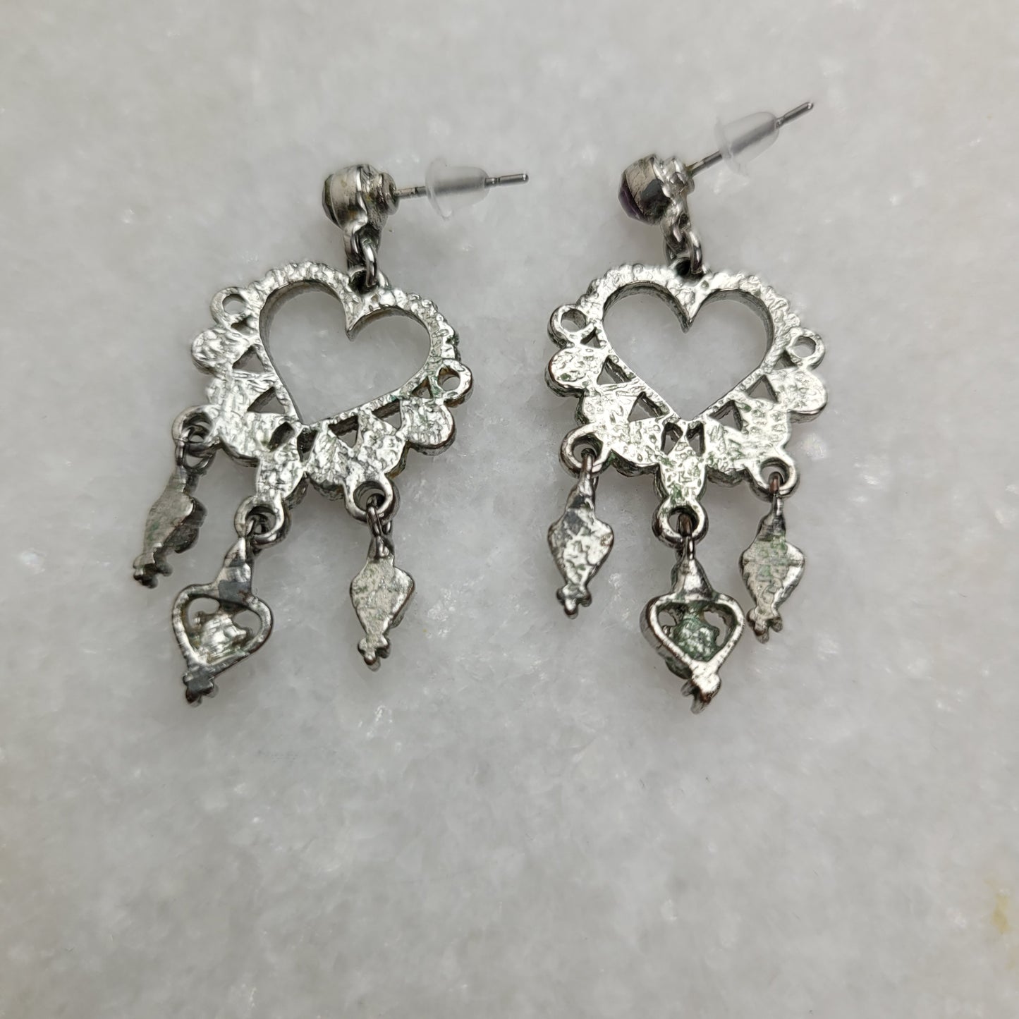 Silver Tone Pink Rhinestone Heart Chandelier Earrings