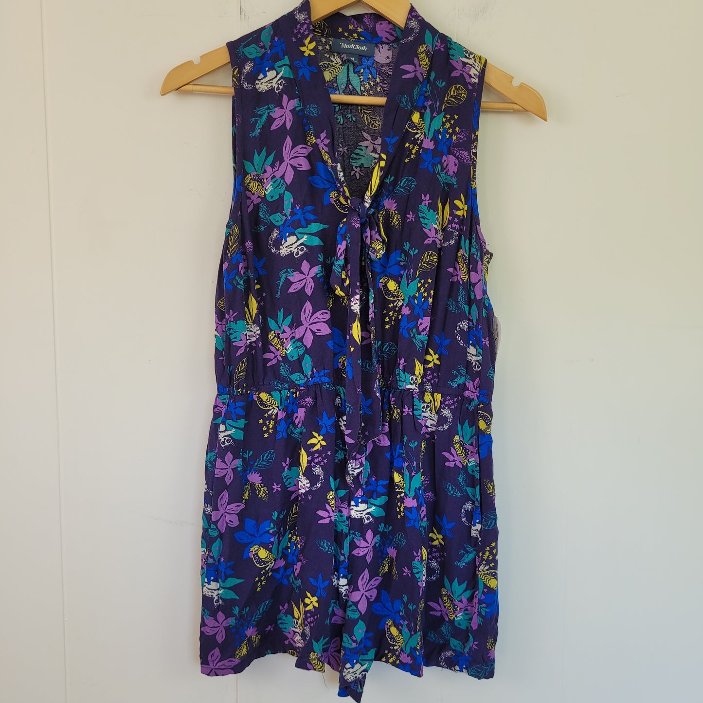 Purple Tropical Print Button-Up Romper - ModCloth (Medium)