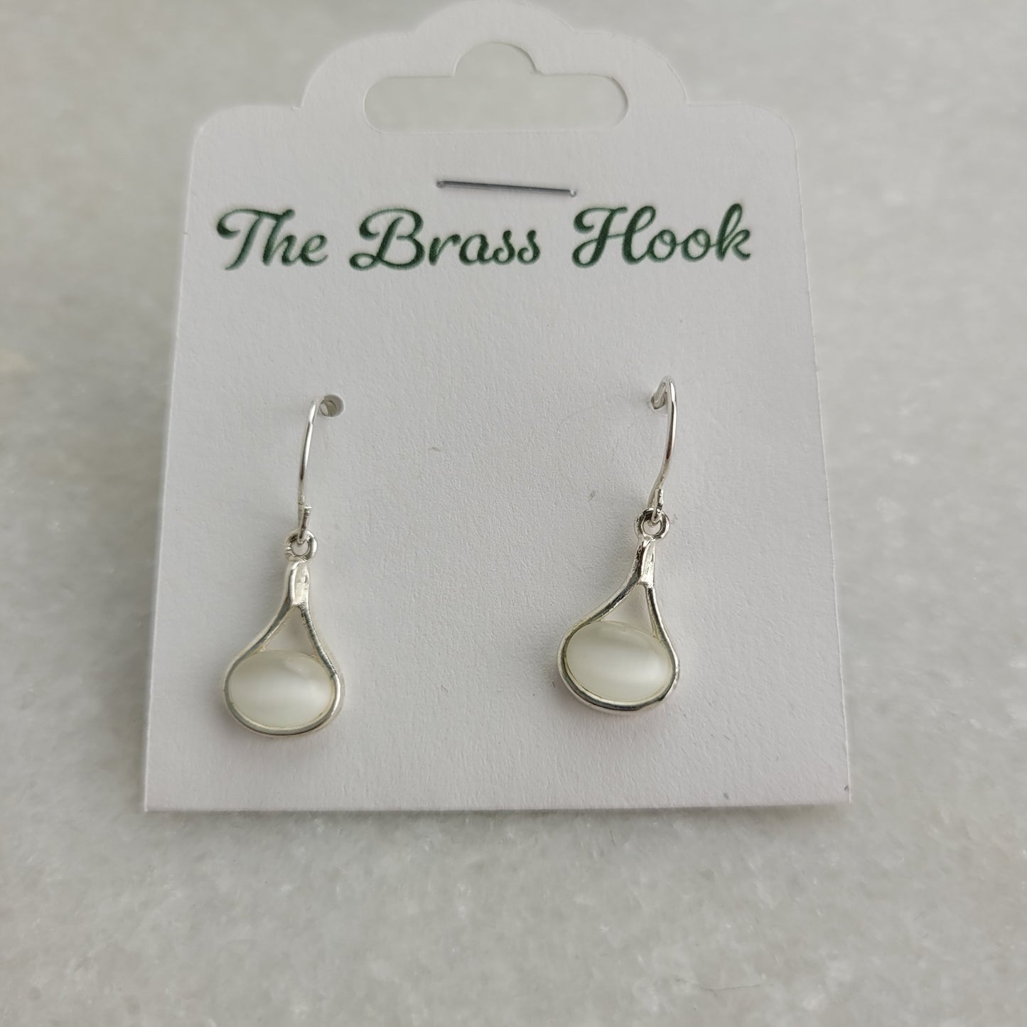 Silver-Tone White Cat's Eye Teardrop Dangle Earrings