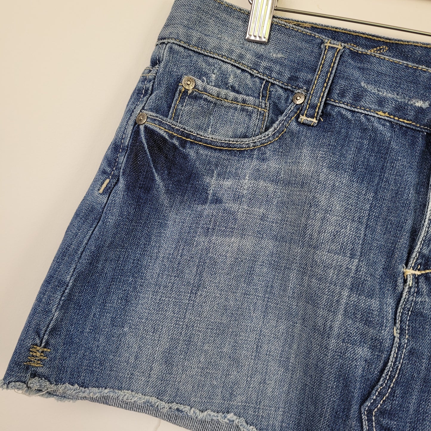 Light Wash Distressed Denim Mini Skirt - Campus Crew (Size 8)