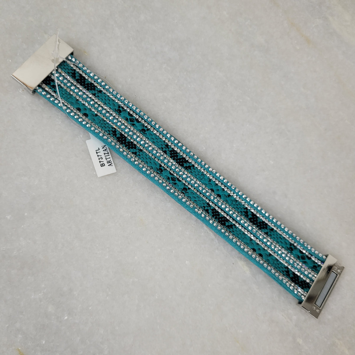 Teal Snake Print Crystal Magnetic Cuff Bracelet