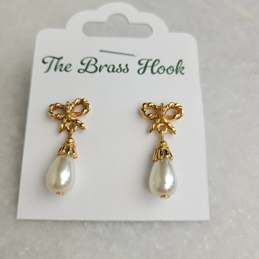 Gold Tone Bow Faux Pearl Drop Earrings