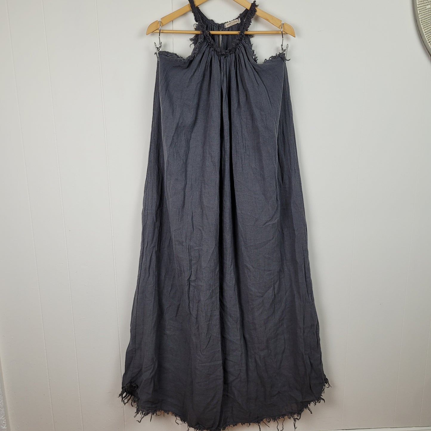 Charcoal Grey Italian Linen Blend Frayed Trim Maxi Dress - Sunflower (Medium)