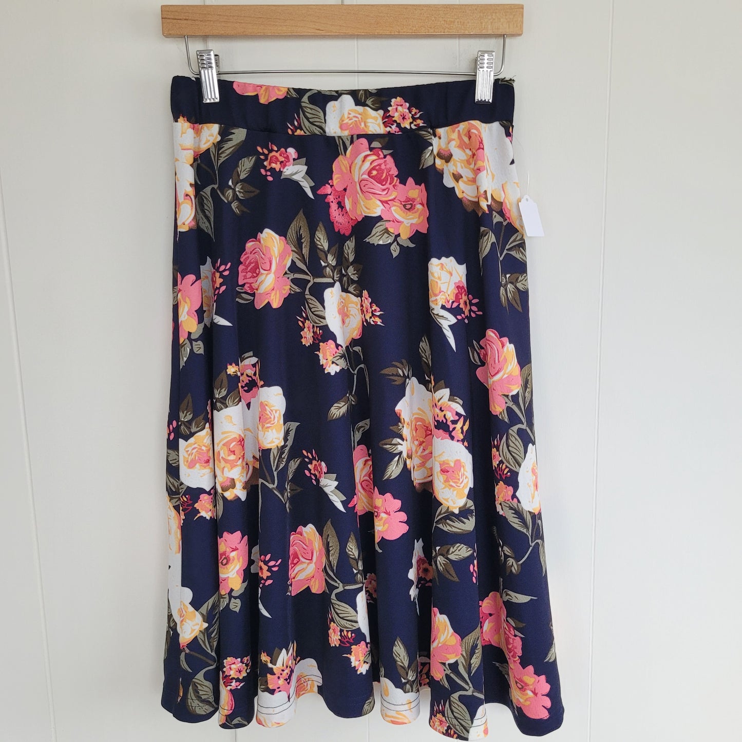 Navy High Waist Flowy Floral Knee-Length Skirt - Emery Rose (L)