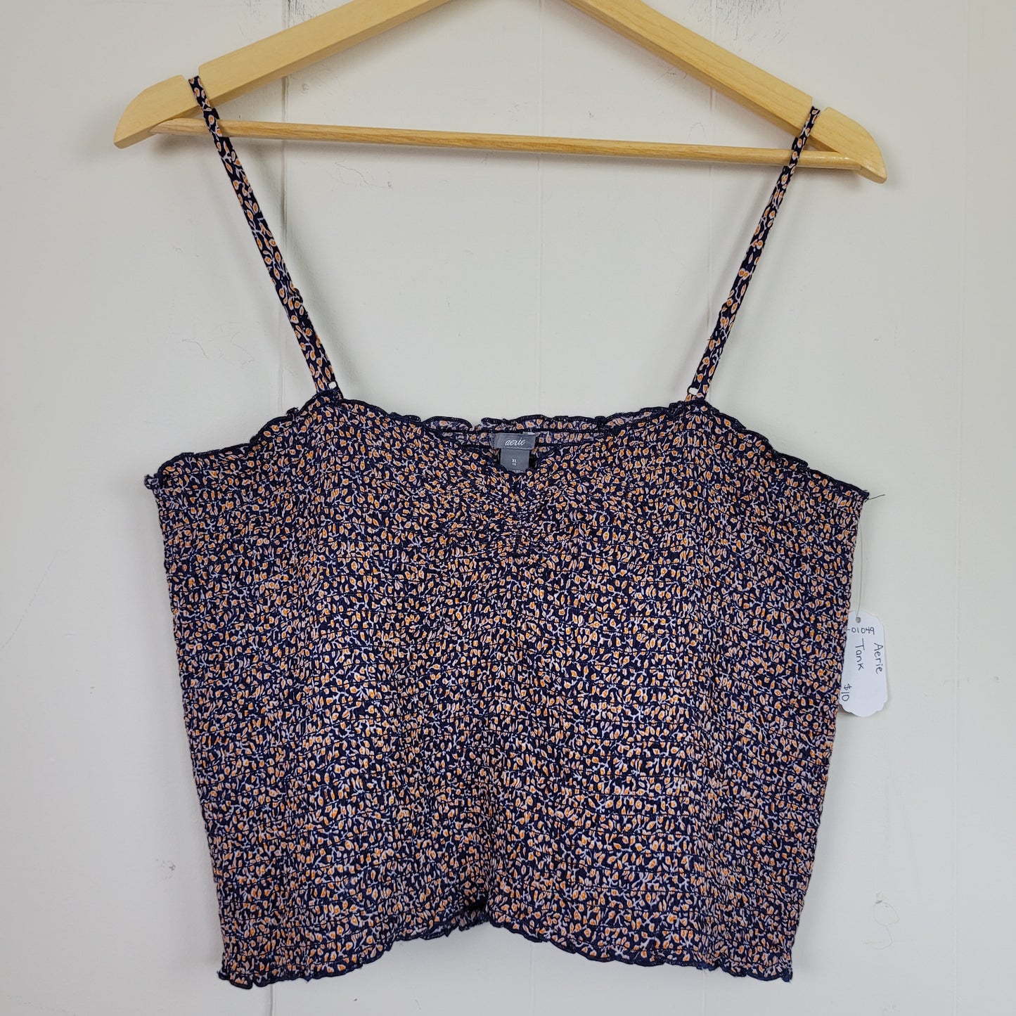 Navy Floral Smocked Cropped Tank Top - Aerie (XL)