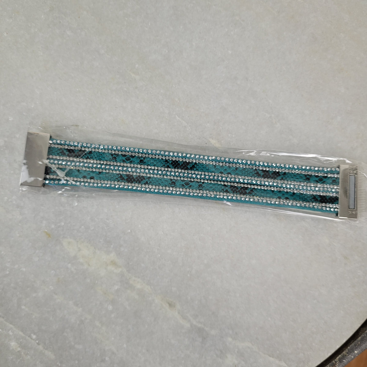 Teal Snake Print Crystal Magnetic Cuff Bracelet