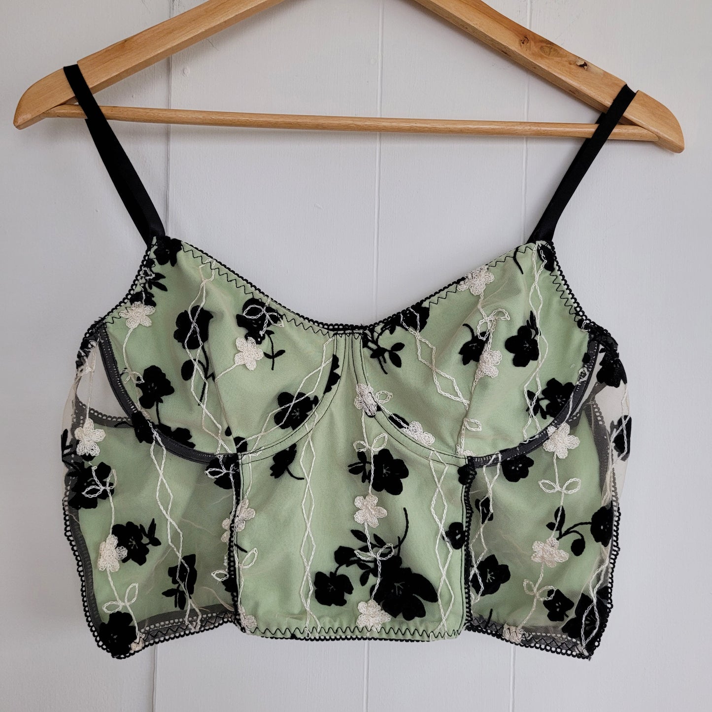 Green Black Sheer Floral Lace Bustier Top - ROMWE (XL)