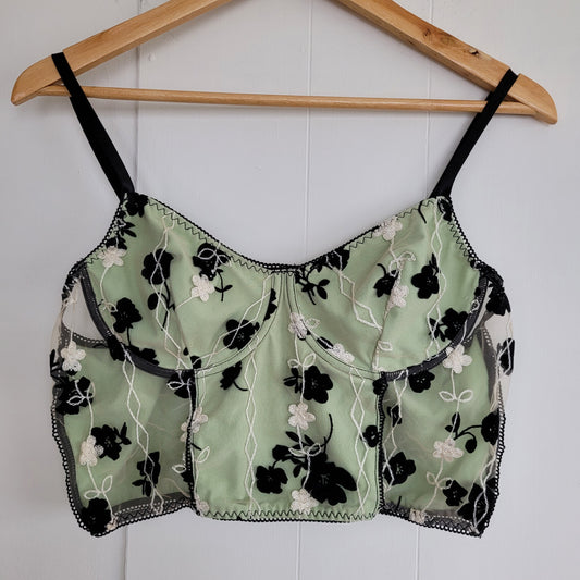 Green Black Sheer Floral Lace Bustier Top - ROMWE (XL)