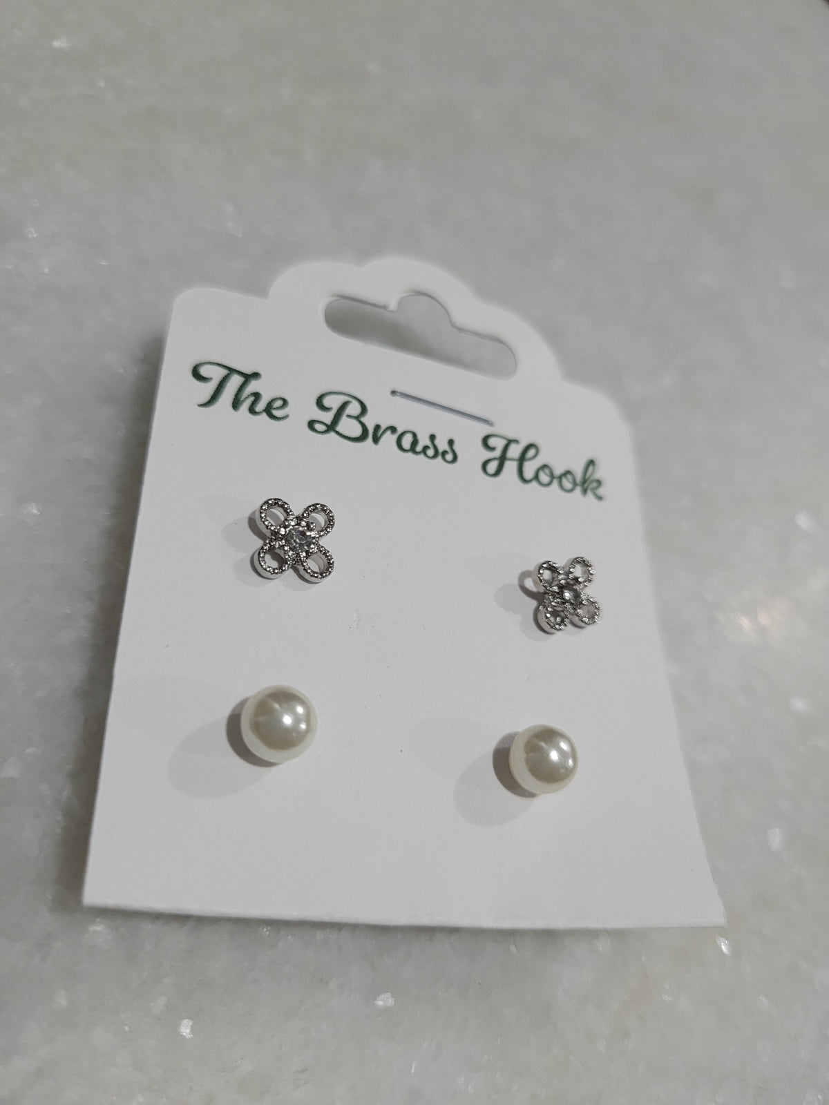 2-Pair Silver Tone Floral & Faux Pearl Stud Earrings