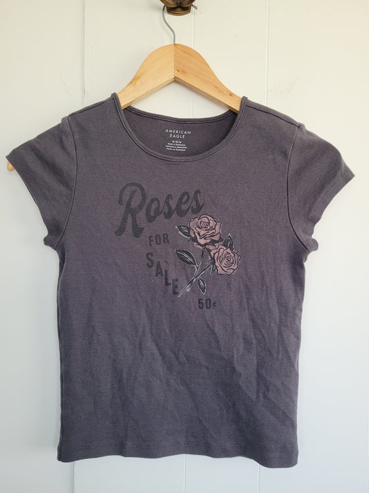 Grey "Roses for Sale" Graphic Baby Tee - American Eagle (Medium)
