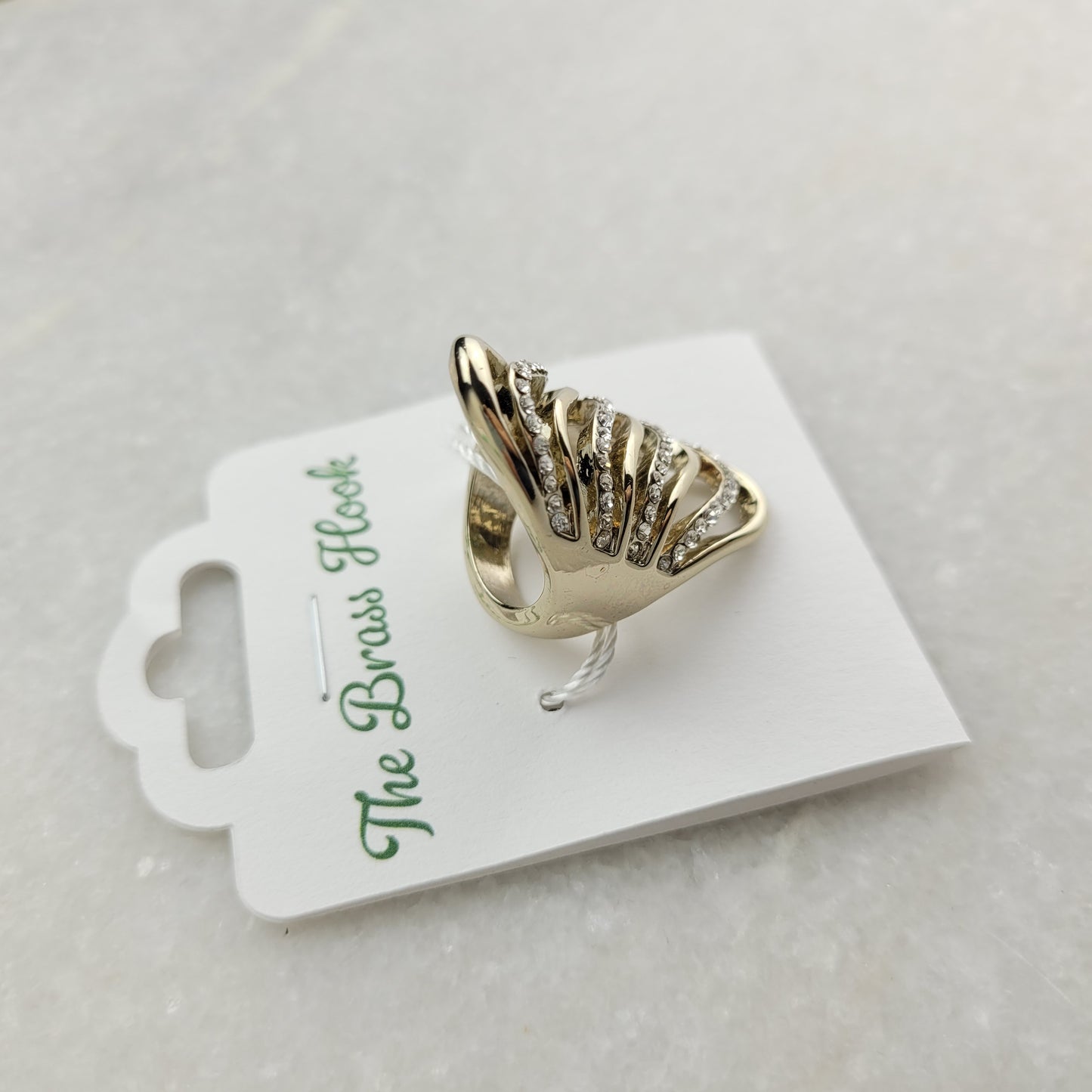Gold Tone Openwork Rhinestone Statement Ring (Size 6.5–7)