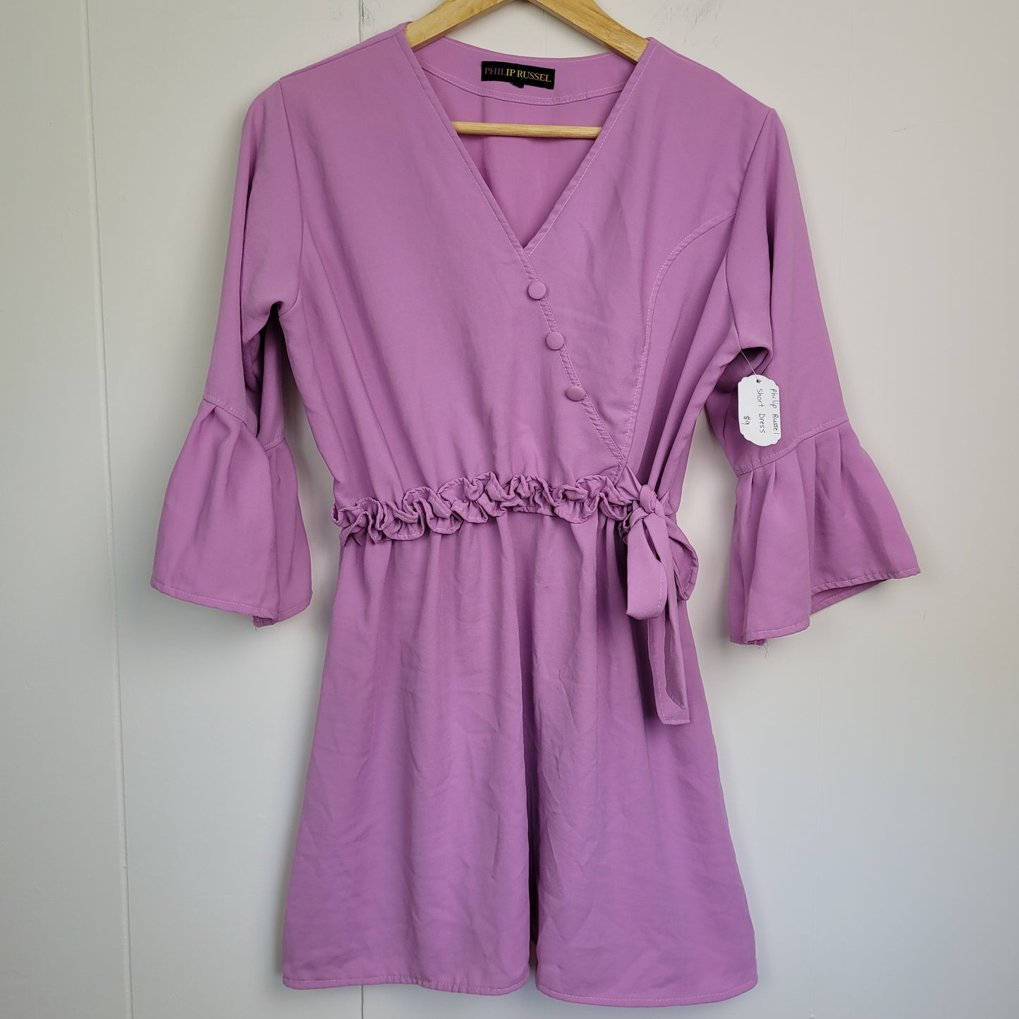 Lilac Faux Wrap Dress with Bell Sleeves - Philip Russel (Estimated Small)