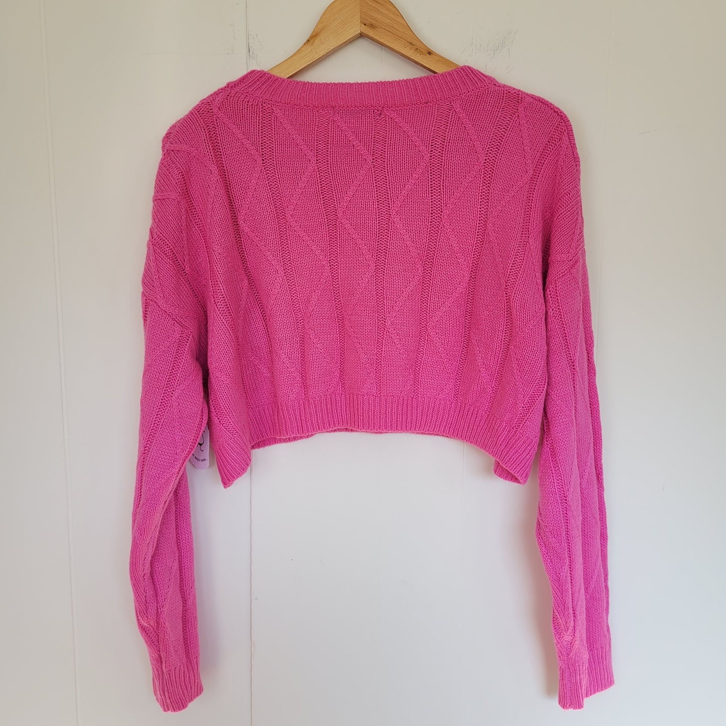 Hot Pink Cropped Cable Knit Sweater - SHEIN (Size S)