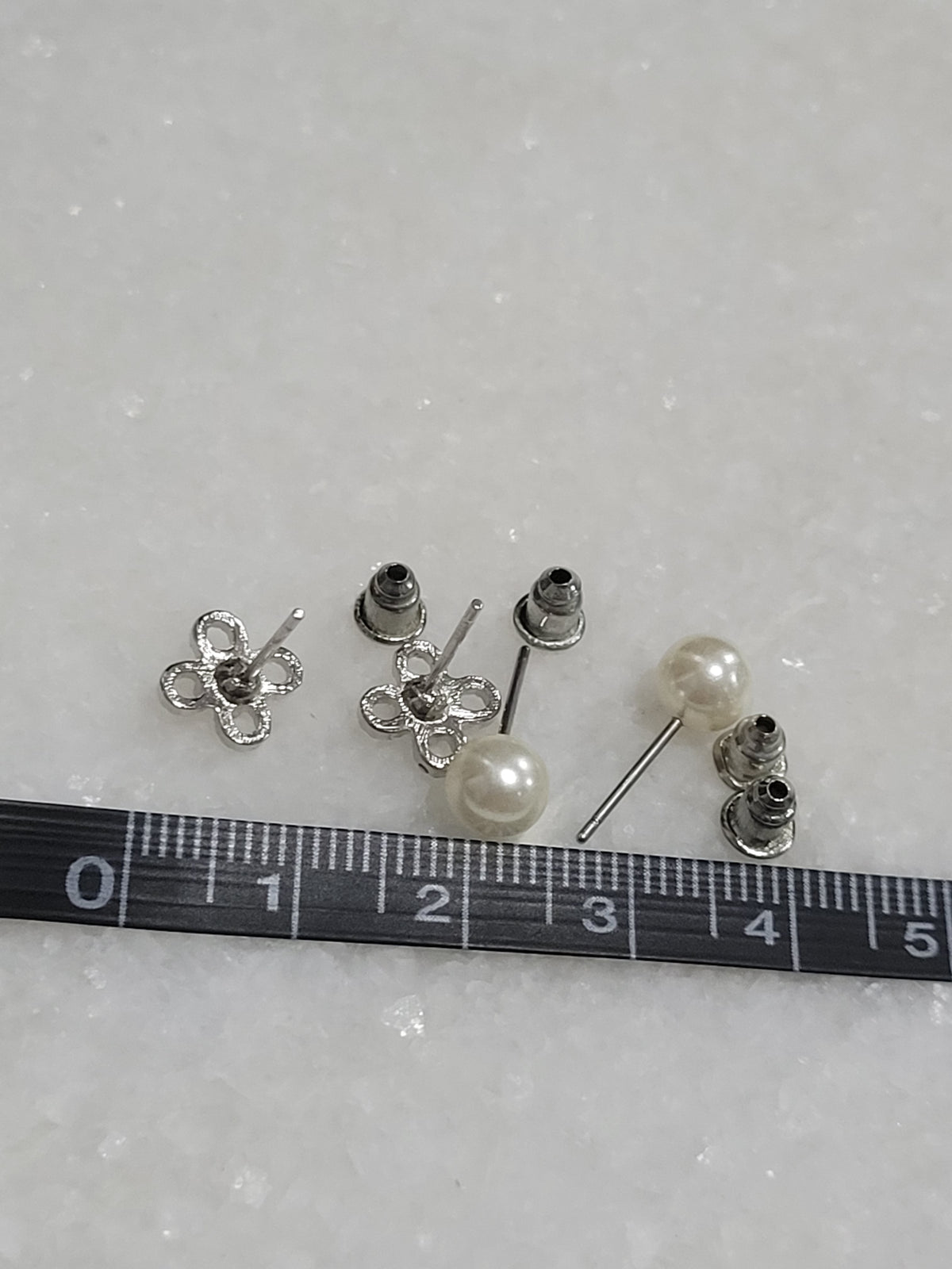 2-Pair Silver Tone Floral & Faux Pearl Stud Earrings