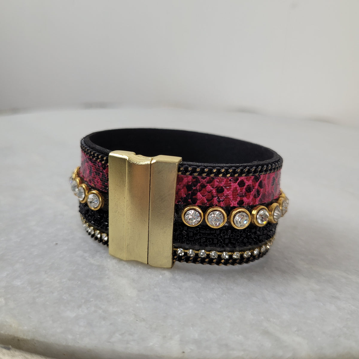 Pink Snake Print Crystal Magnetic Cuff Bracelet