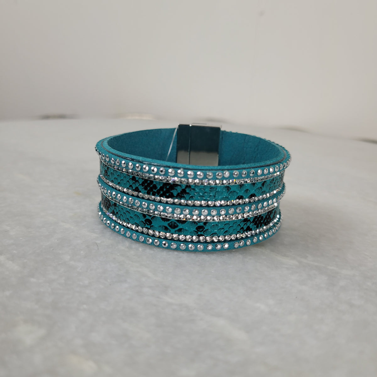 Teal Snake Print Crystal Magnetic Cuff Bracelet