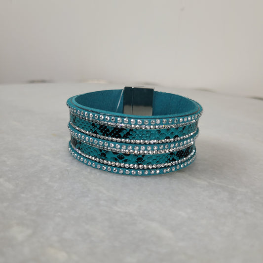 Teal Snake Print Crystal Magnetic Cuff Bracelet