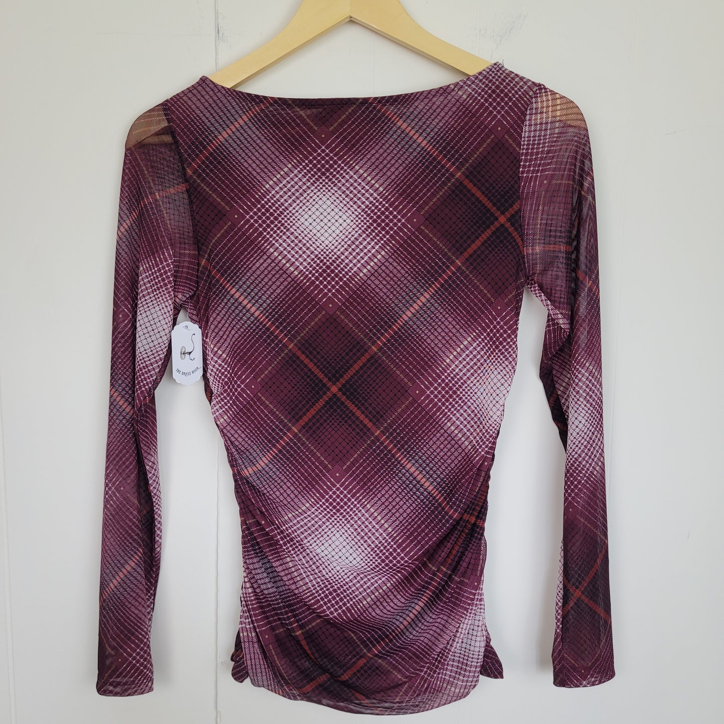 Plaid Mesh Ruched Long Sleeve Top - Suzy Shier (XS)