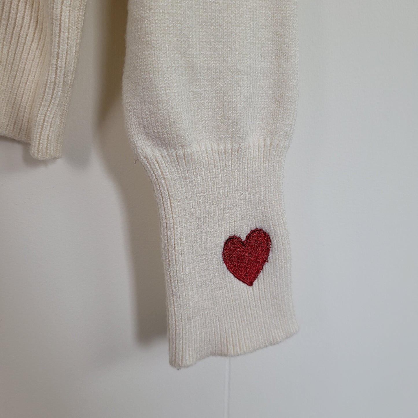Cream Heart Embroidered Turtleneck Sweater - Estimated size: M/L