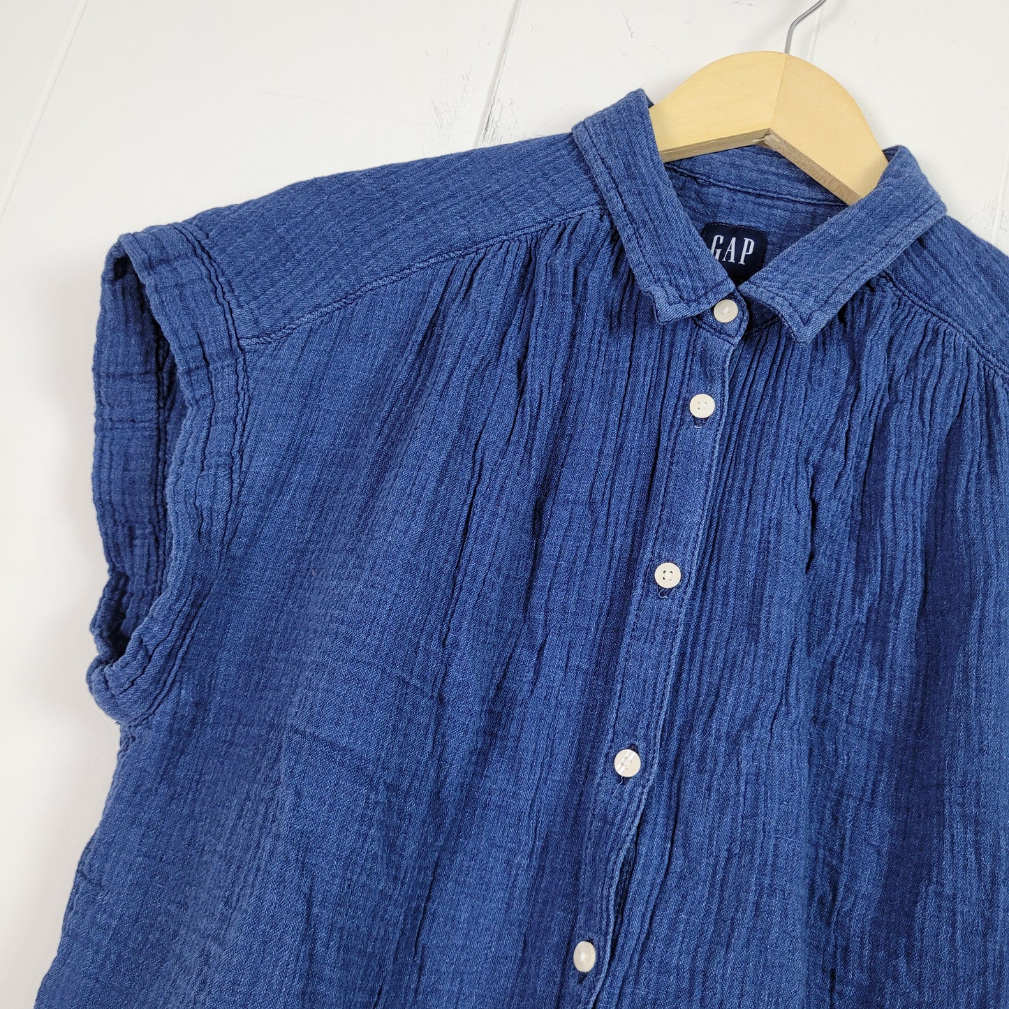 Blue Double Gauze Button-Up Short Sleeve Top - Gap (Small)