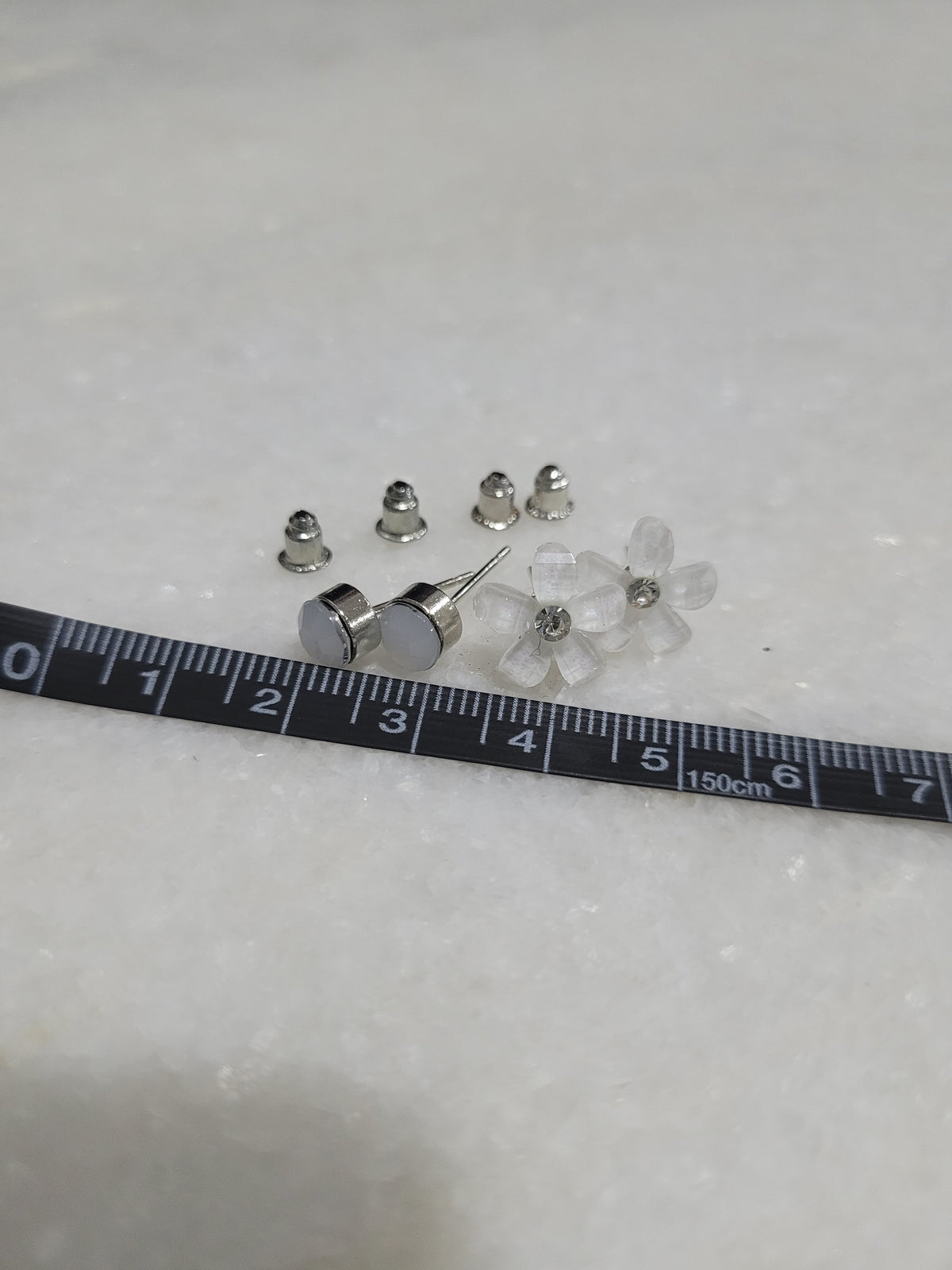 2-Pair White Floral & Faceted Stud Earrings