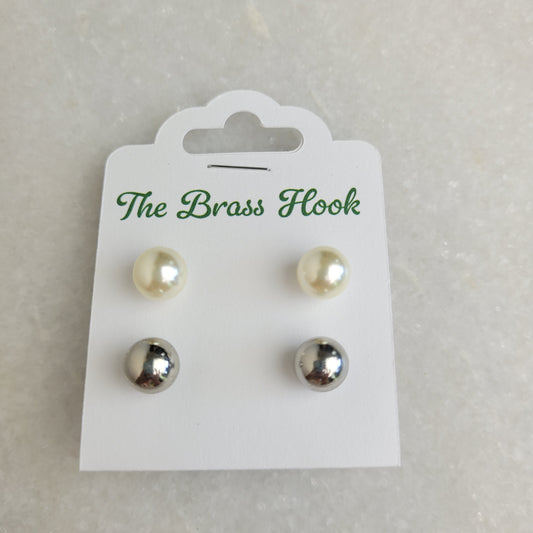 2-Pair Pearl & Silver Tone Ball Stud Earring Set