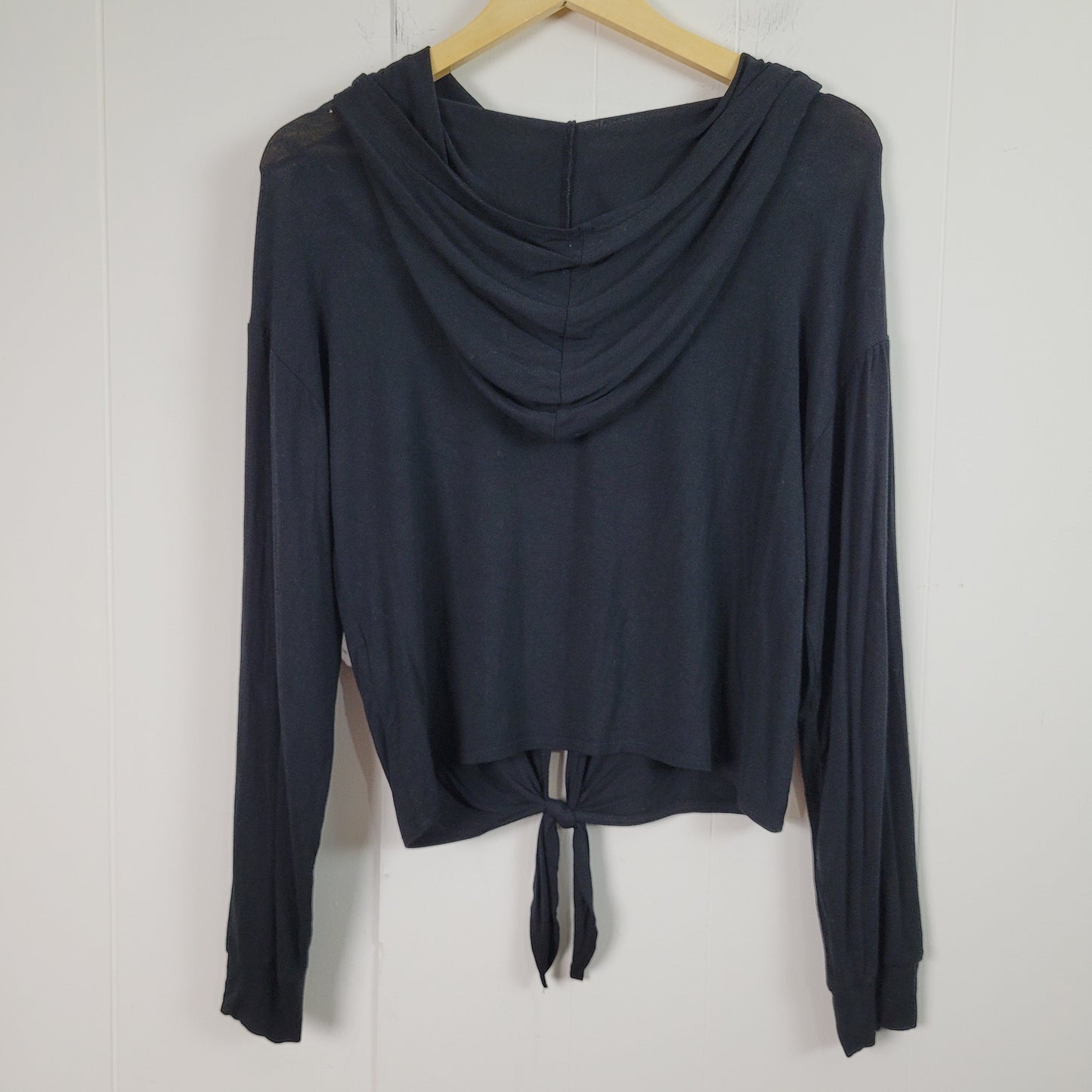 Black Tie-Front Hooded Long Sleeve Top - Forever 21 (S)