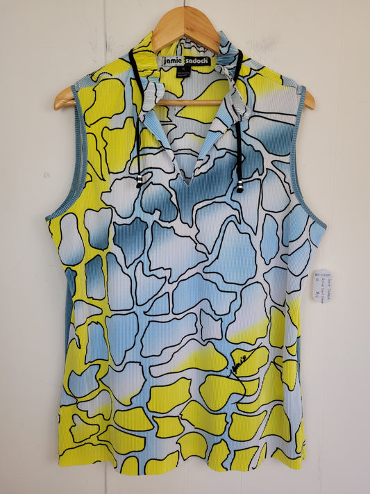 Jamie Sadock XL Blue & Yellow Abstract Print Sleeveless Golf Top