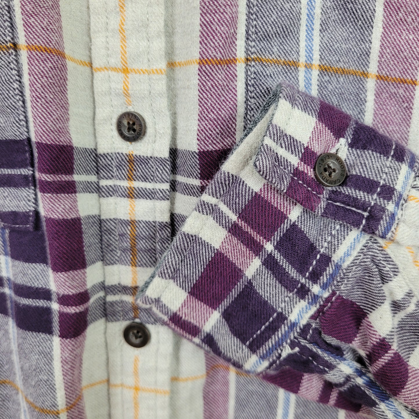 Purple Plaid Cotton Button-Up Shirt - Roots (Women's Medium)