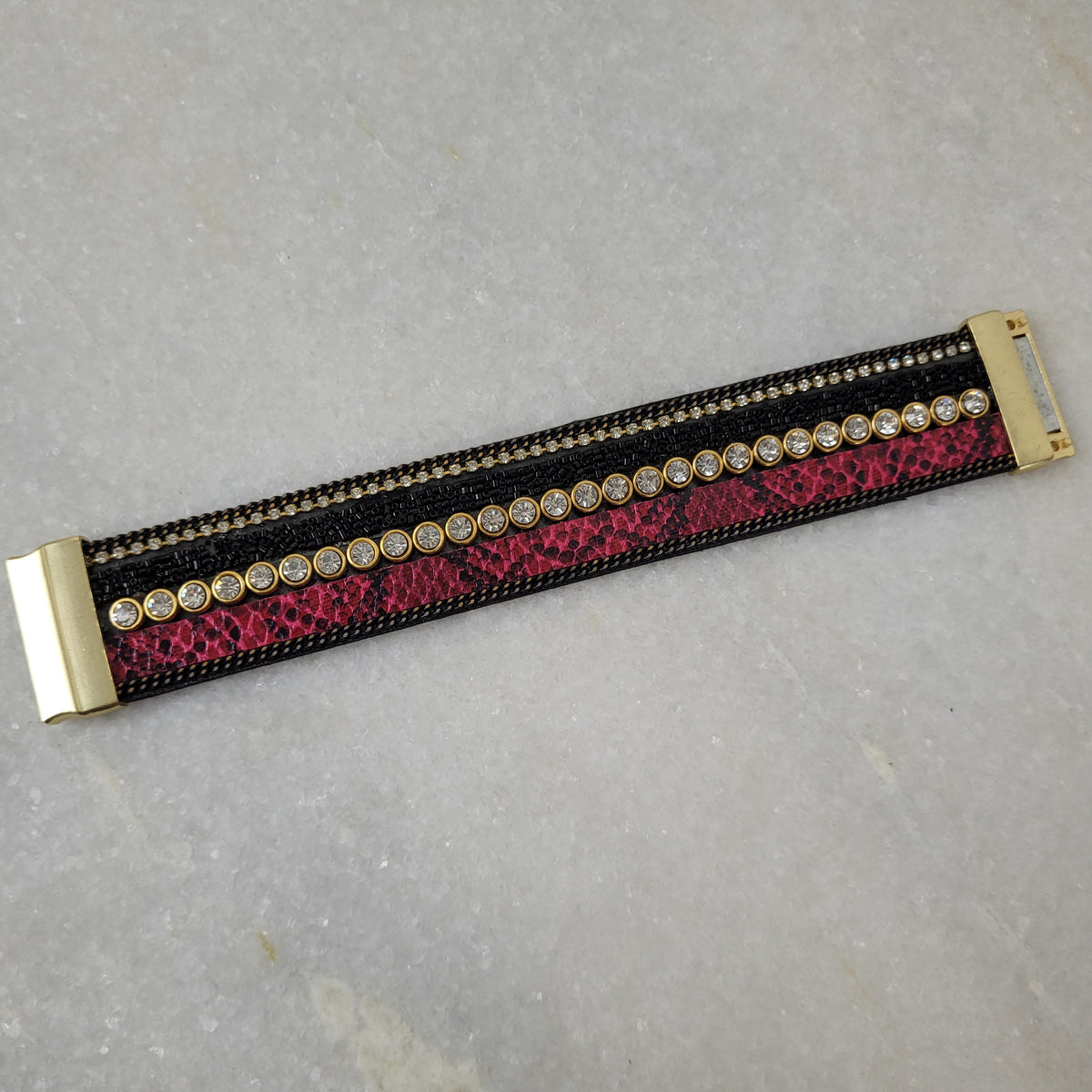 Pink Snake Print Crystal Magnetic Cuff Bracelet
