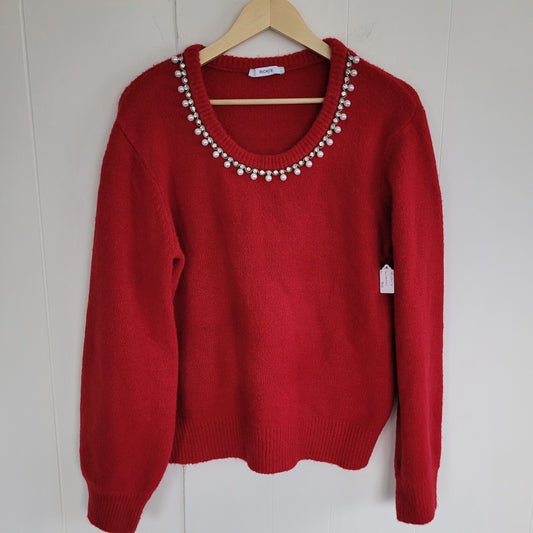Red Embellished Neckline Knit Sweater - Ricki's (L)
