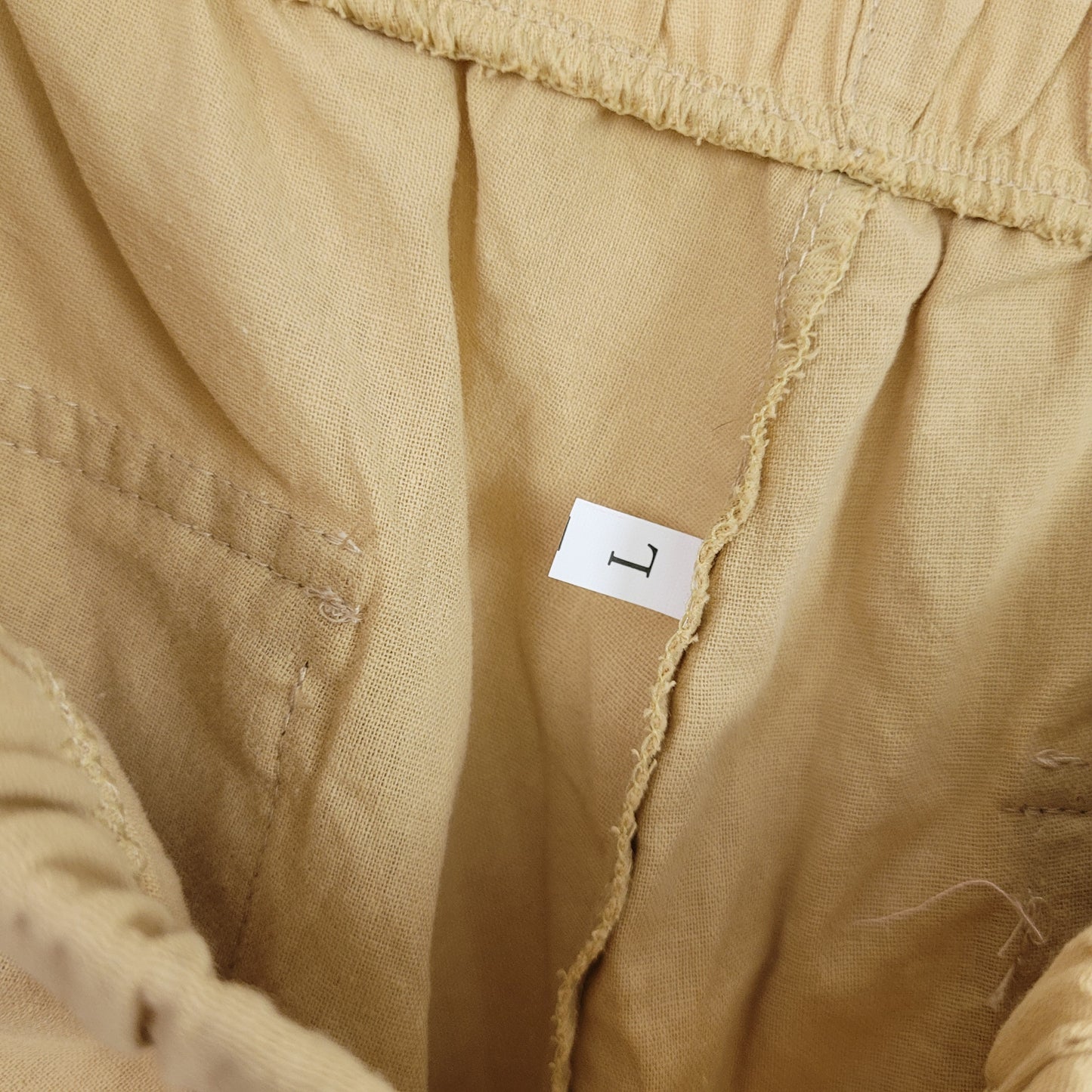 Beige Linen Look Wide Leg Drawstring Pants with Pockets - Large