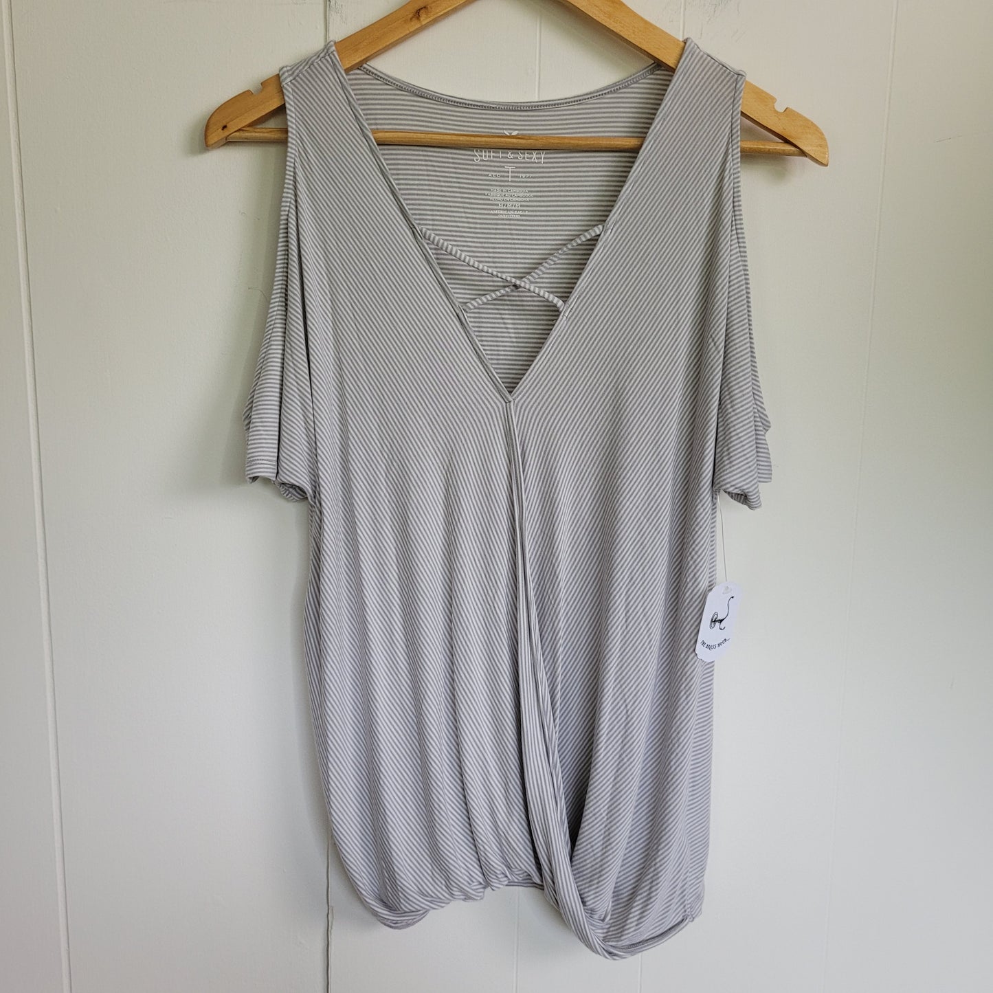 Grey Stripe Cold Shoulder Twist Front Top - Aerie Soft & Sexy (M)