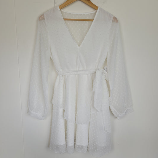 White Swiss Dot Wrap Mini Dress - Shein (Small)